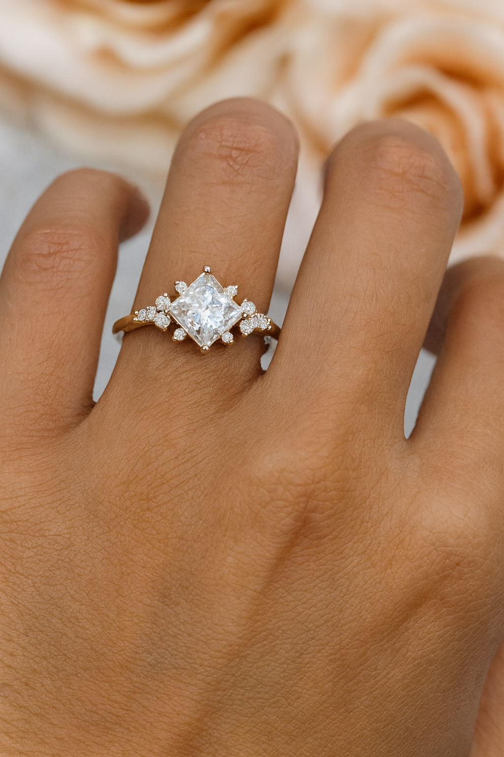 1.25 ct Princess Cut Lab Grown Diamond Engagement Ring • Vintage Rose Gold Bridal Ring