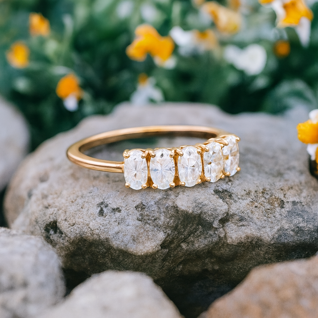 1.50Ct Oval Cut Lab Grown Diamond 5 Stone Engagement Ring • 14K Yellow Gold Band