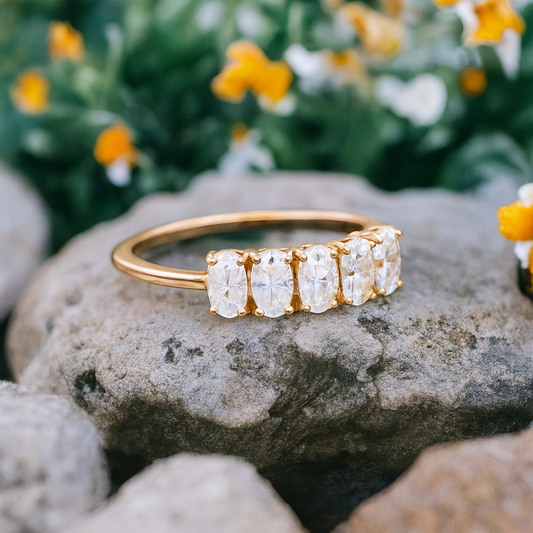 1.50Ct Oval Cut Lab Grown Diamond 5 Stone Engagement Ring • 14K Yellow Gold Band