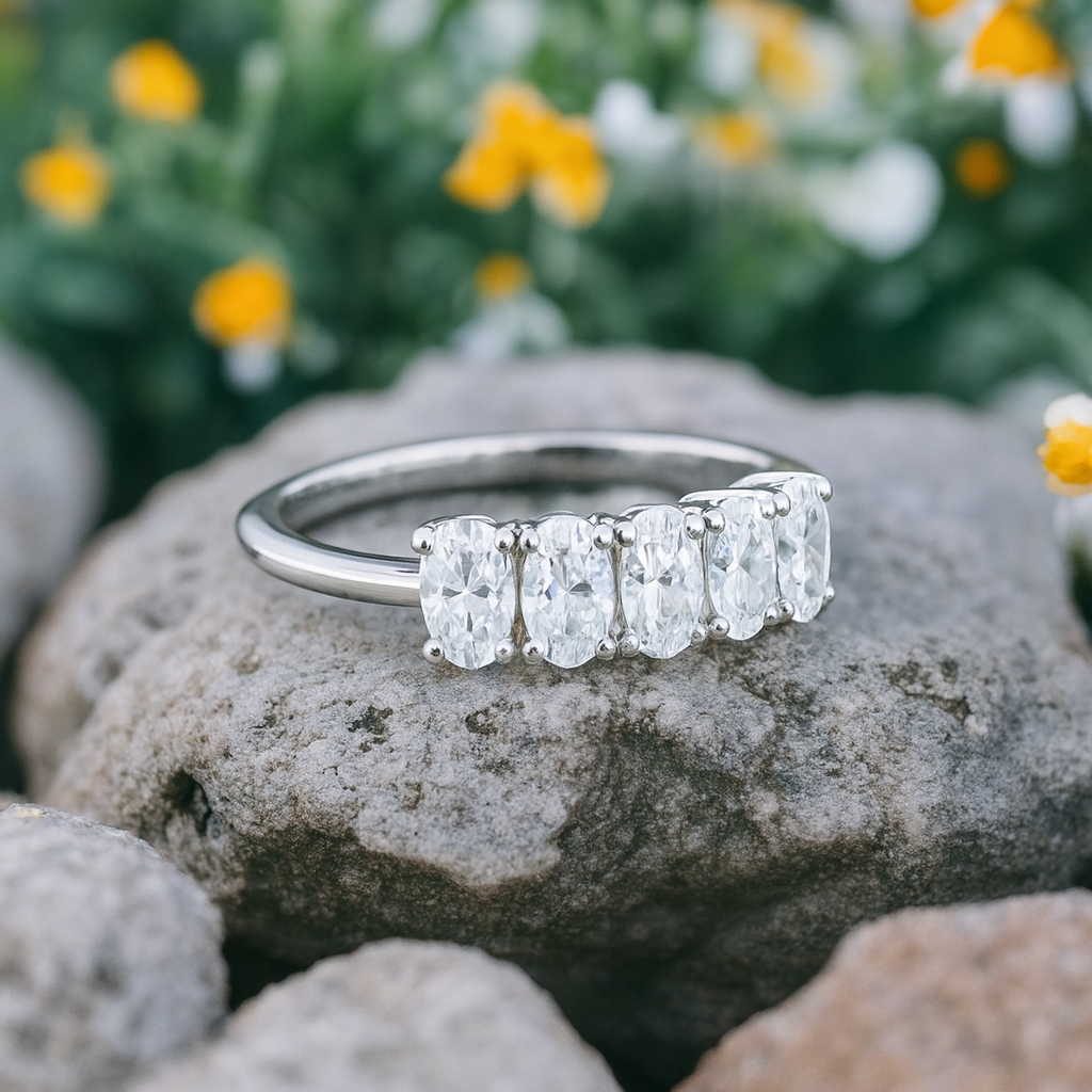 1.50Ct Oval Cut Lab Grown Diamond 5 Stone Engagement Ring • 14K Yellow Gold Band