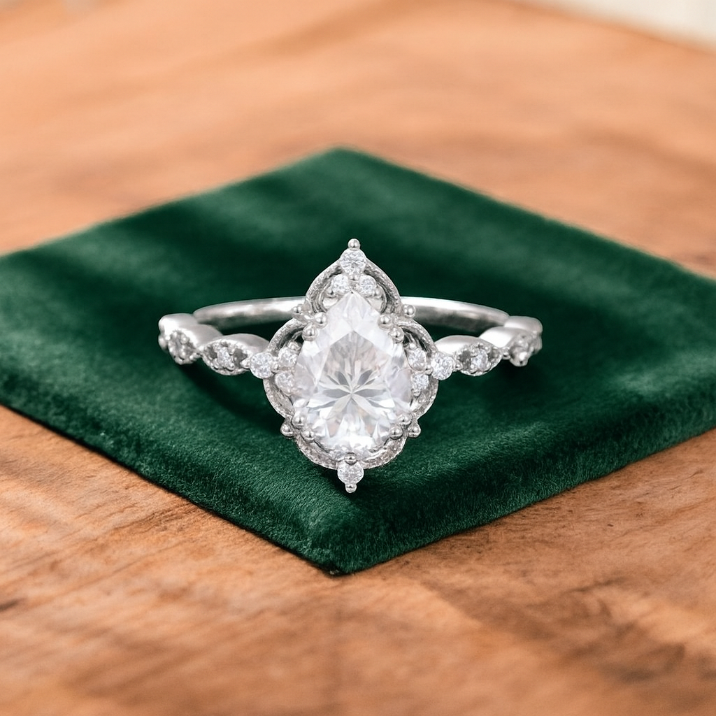 1.25 ct Pear Shaped Lab Grown Diamond Engagement Ring • Vintage Halo Ring