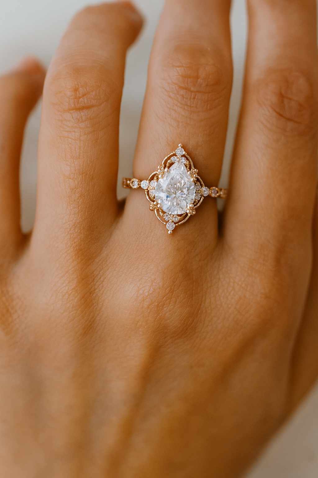 1.25 ct Pear Shaped Lab Grown Diamond Engagement Ring • Vintage Halo Ring