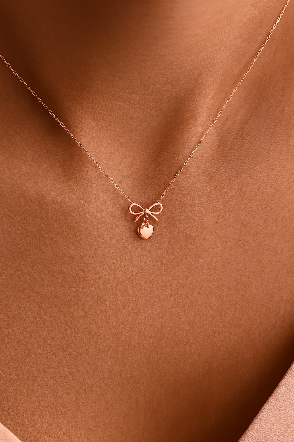 14K Rose Gold Bow & Heart Necklace • Dainty Charm Pendant