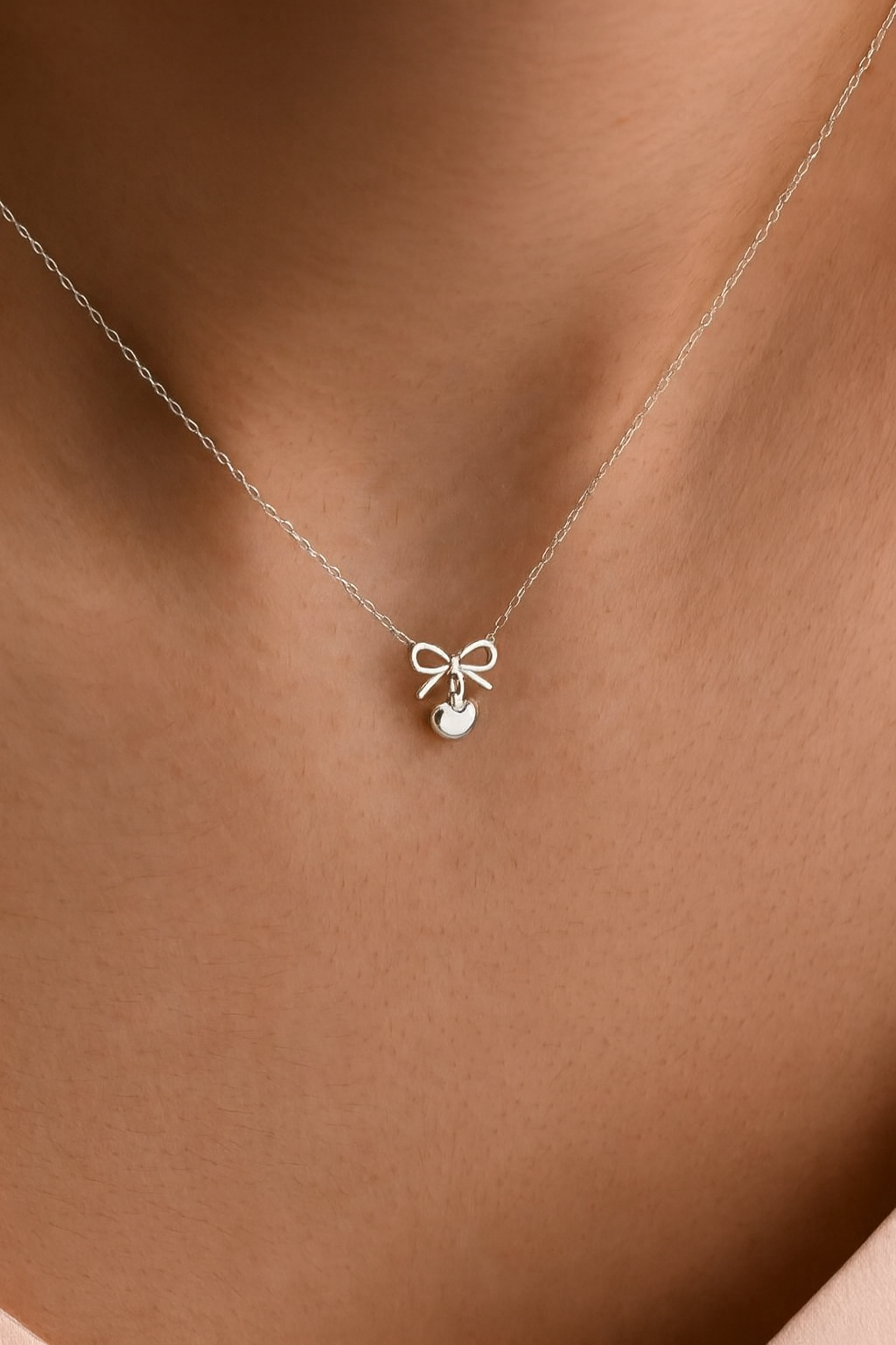14K Rose Gold Bow & Heart Necklace • Dainty Charm Pendant
