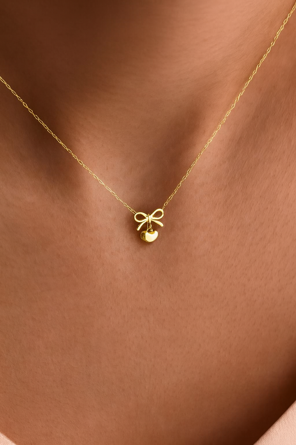 14K Rose Gold Bow & Heart Necklace • Dainty Charm Pendant
