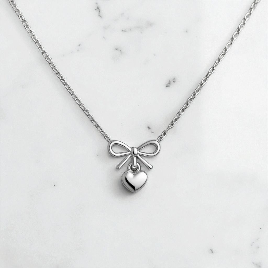 14K Rose Gold Bow & Heart Necklace • Dainty Charm Pendant