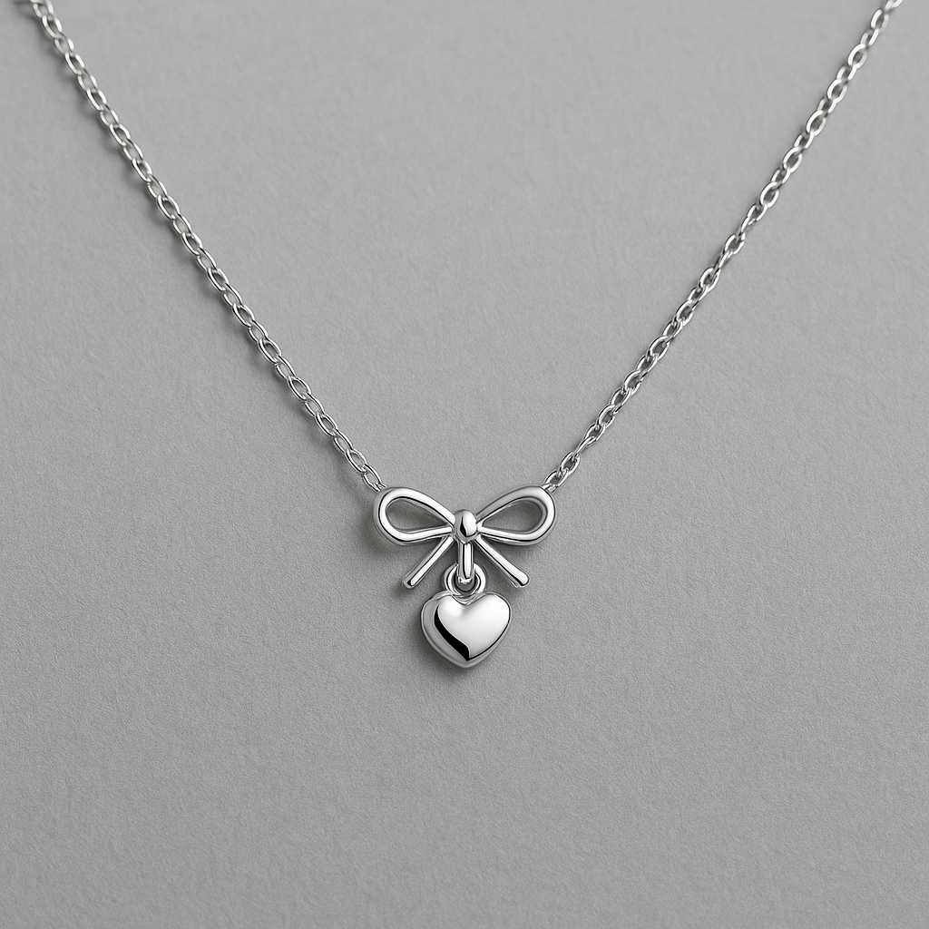 14K Rose Gold Bow & Heart Necklace • Dainty Charm Pendant