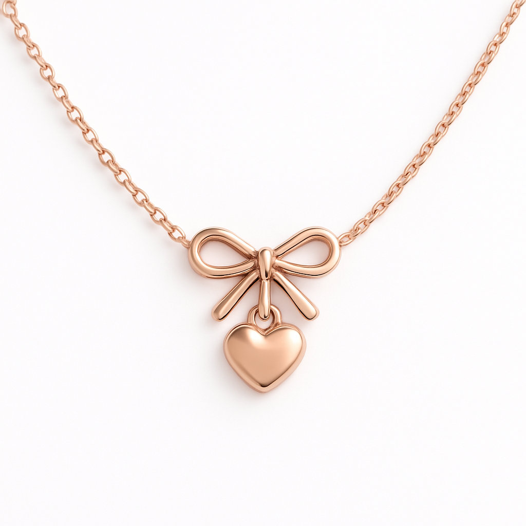 14K Rose Gold Bow & Heart Necklace • Dainty Charm Pendant