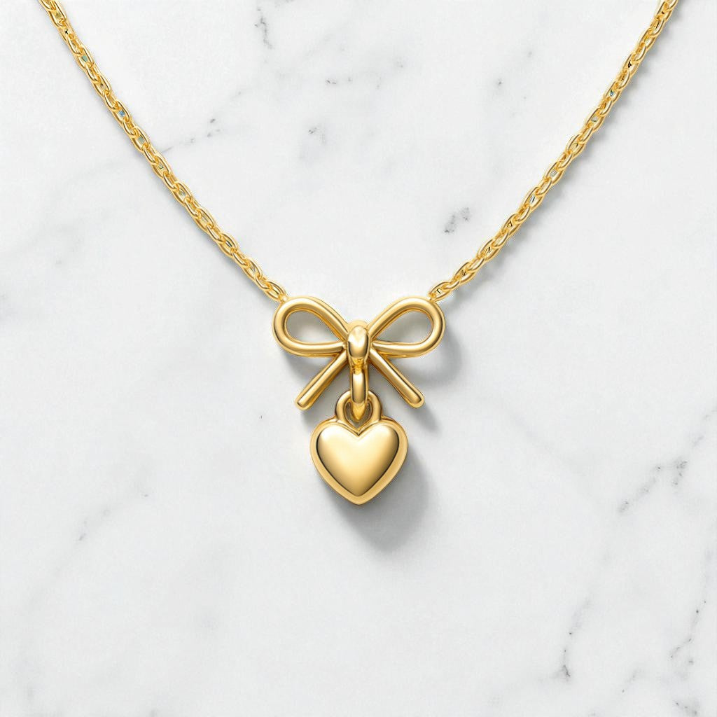 14K Rose Gold Bow & Heart Necklace • Dainty Charm Pendant