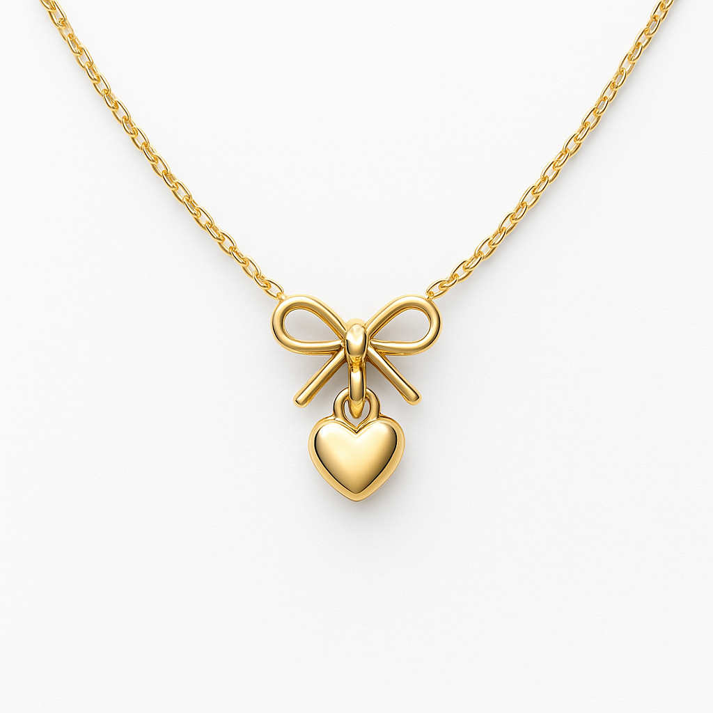 14K Rose Gold Bow & Heart Necklace • Dainty Charm Pendant