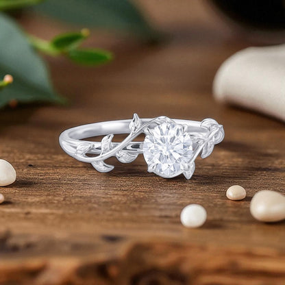 Vintage 1.00ct Round Cut Leaf Lab Grown Diamond Engagement Ring