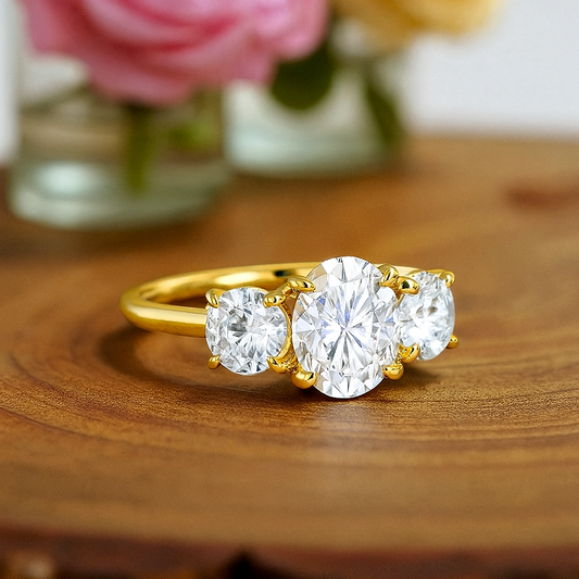 1.00 ct Oval Lab Grown Diamond Engagement Ring • Unique 3-Stone White Gold Cluster Ring
