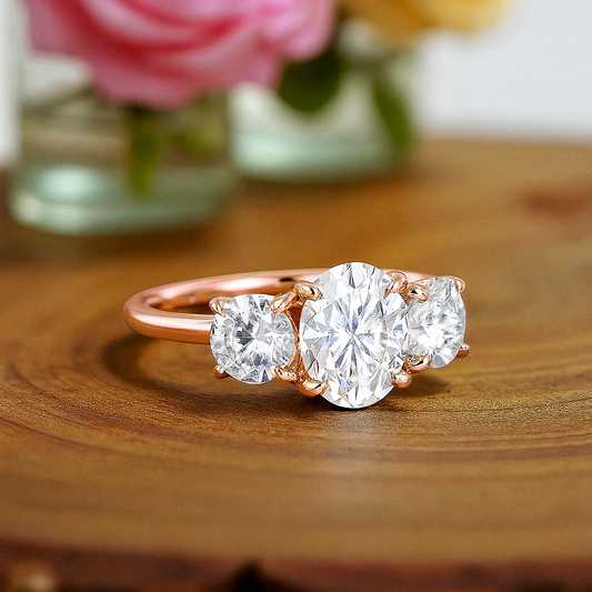 1.00 ct Oval Lab Grown Diamond Engagement Ring • Unique 3-Stone White Gold Cluster Ring