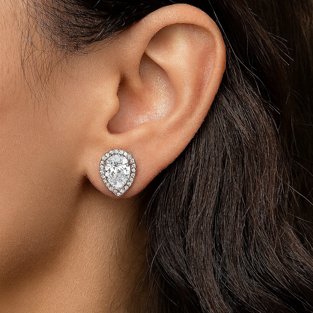2 Carat Pear Cut Lab Grown Diamond Earrings • Halo Diamond Screw Back Studs