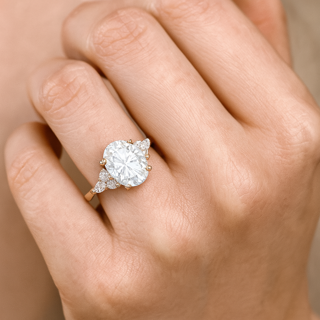 1.25 ct Oval Lab Grown Diamond Engagement Ring • Cluster Side Stone Ring