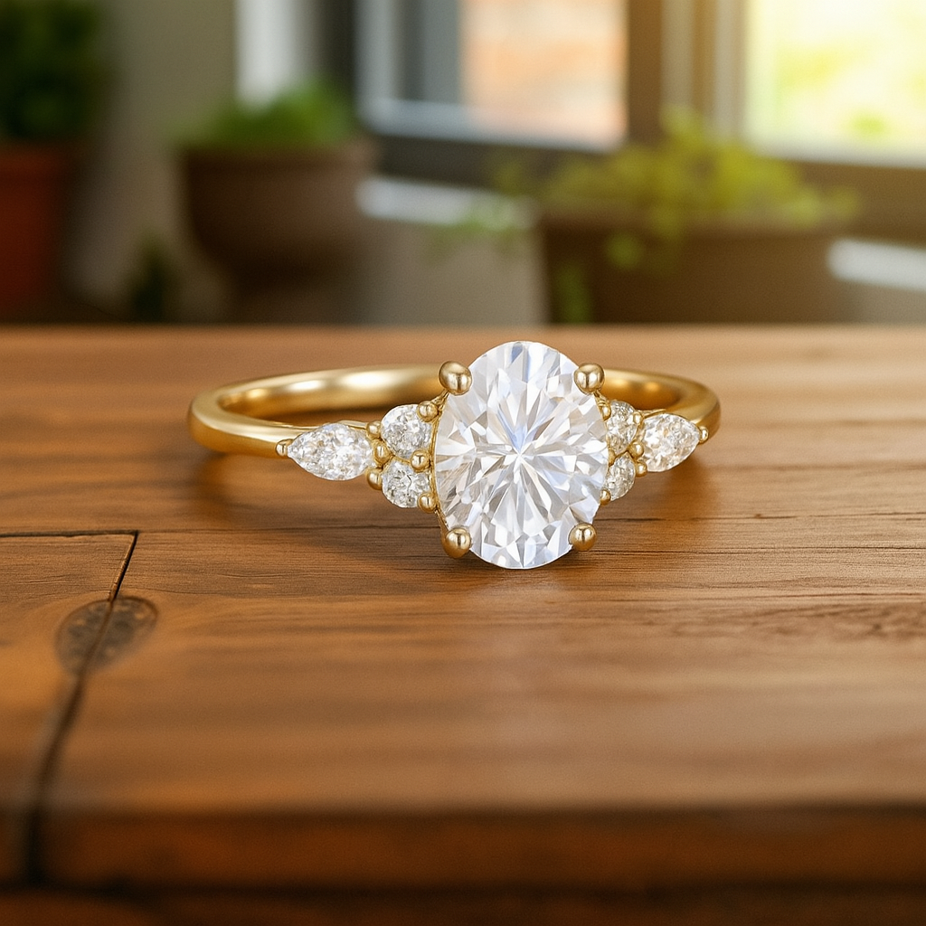 1.25 ct Oval Lab Grown Diamond Engagement Ring • Cluster Side Stone Ring