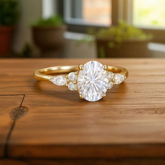 1.25 ct Oval Lab Grown Diamond Engagement Ring • Cluster Side Stone Ring