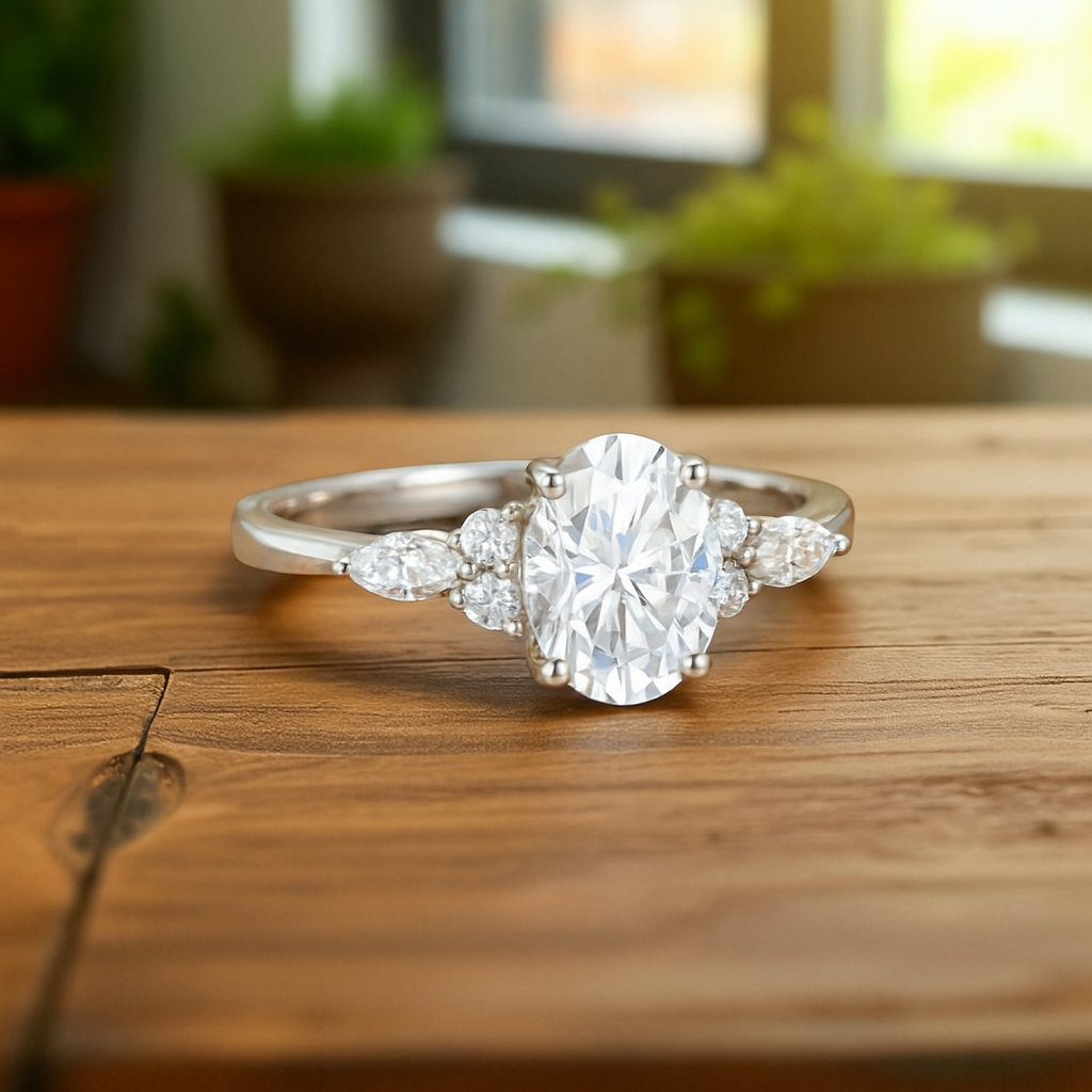1.25 ct Oval Lab Grown Diamond Engagement Ring • Cluster Side Stone Ring