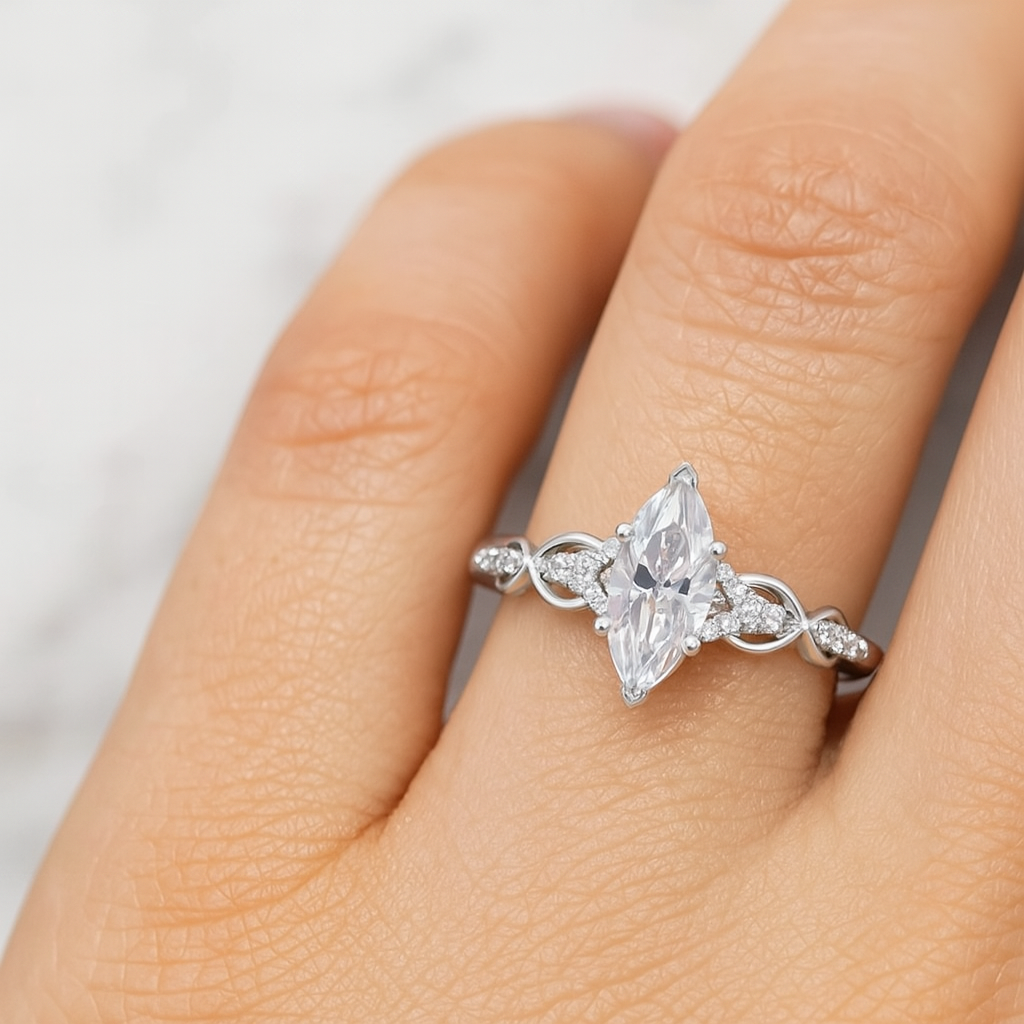 1.00ct Marquise Lab Grown Diamond Engagement Ring • Vintage Twist White Gold Ring
