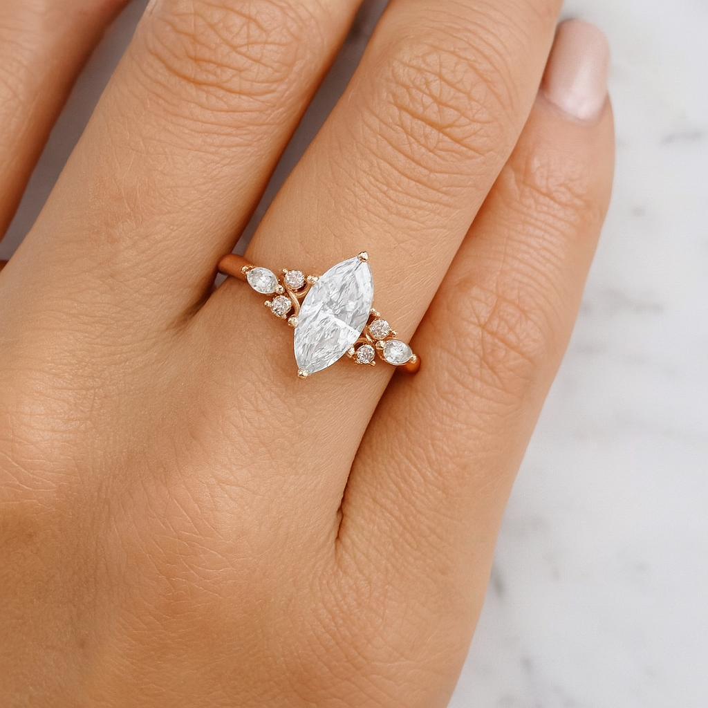 1.00ct Marquise Lab Grown Diamond Engagement Ring • Dainty Rose Gold Cluster Ring