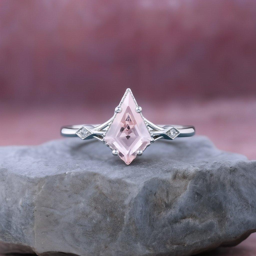 1.35ct Kite Cut Lab Pink Sapphire Engagement Ring • Three Stone Rose Gold Ring