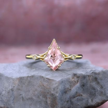 1.35ct Kite Cut Lab Pink Sapphire Engagement Ring • Three Stone Rose Gold Ring