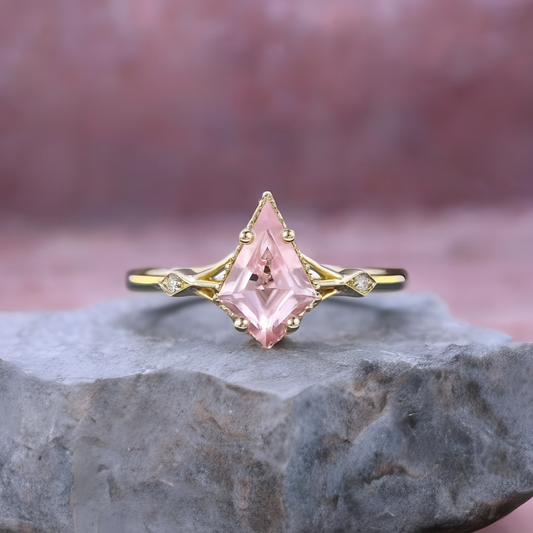 1.35ct Kite Cut Lab Pink Sapphire Engagement Ring • Three Stone Rose Gold Ring
