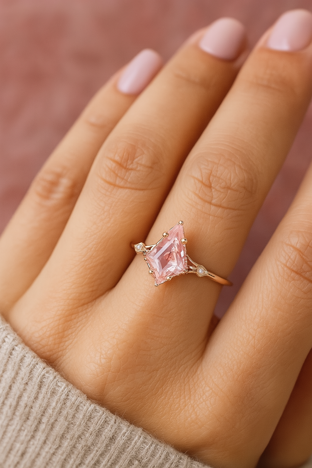 1.35ct Kite Cut Lab Pink Sapphire Engagement Ring • Three Stone Rose Gold Ring