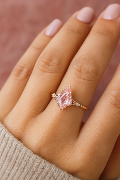 1.35ct Kite Cut Lab Pink Sapphire Engagement Ring • Three Stone Rose Gold Ring
