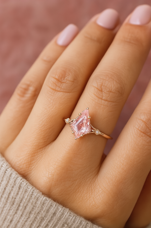 1.35ct Kite Cut Lab Pink Sapphire Engagement Ring • Three Stone Rose Gold Ring