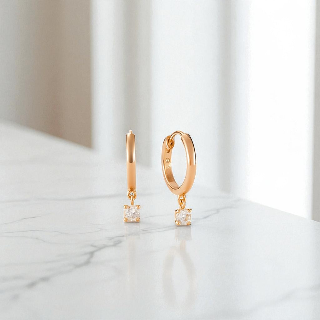 Round Cut Lab Grown Diamond Hoop Earrings • Gold Minimalist Drop Hoops