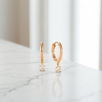 Round Cut Lab Grown Diamond Hoop Earrings • Gold Minimalist Drop Hoops