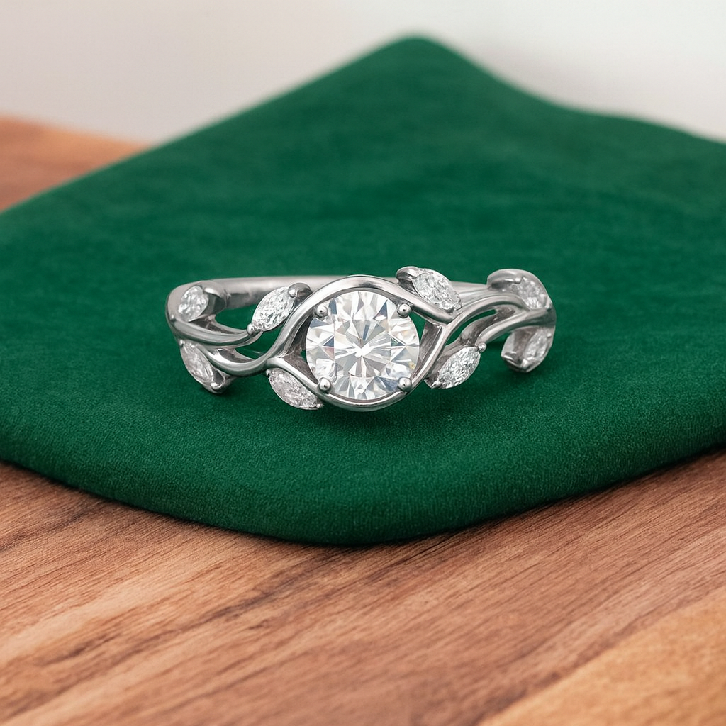 Vintage 0.50ct Round Cut Leaf Lab Grown Diamond Engagement Ring