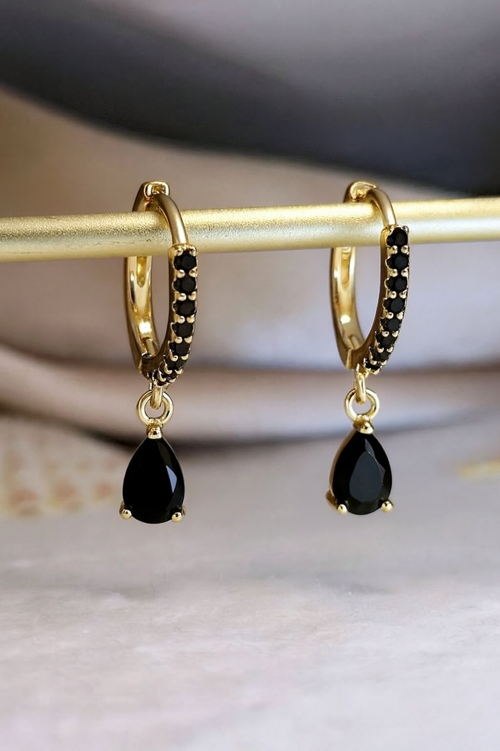 Black Lab Grown Diamond Hoop Earrings • 14K Yellow Gold Dangle Earrings