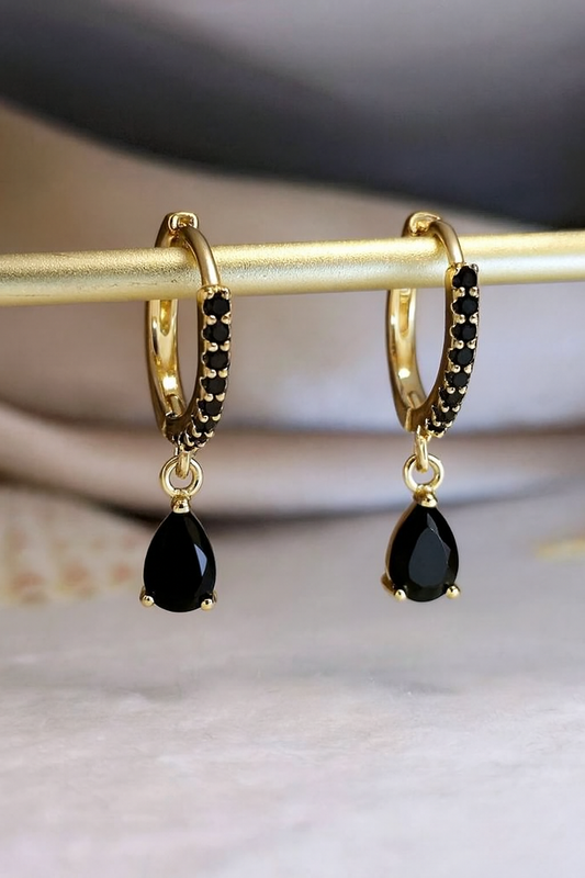 Black Lab Grown Diamond Hoop Earrings • 14K Yellow Gold Dangle Earrings