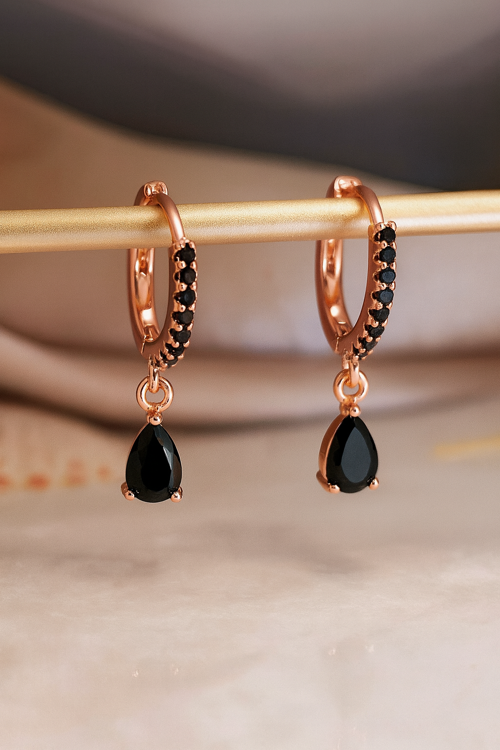 Black Lab Grown Diamond Hoop Earrings • 14K Yellow Gold Dangle Earrings