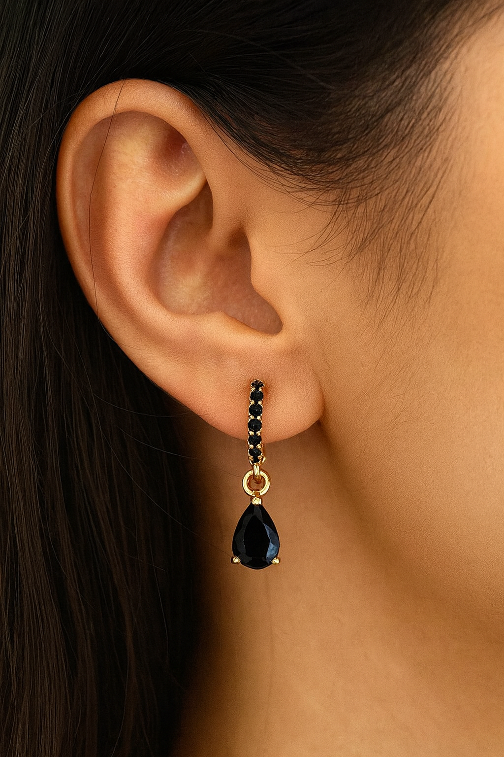 Black Lab Grown Diamond Hoop Earrings • 14K Yellow Gold Dangle Earrings