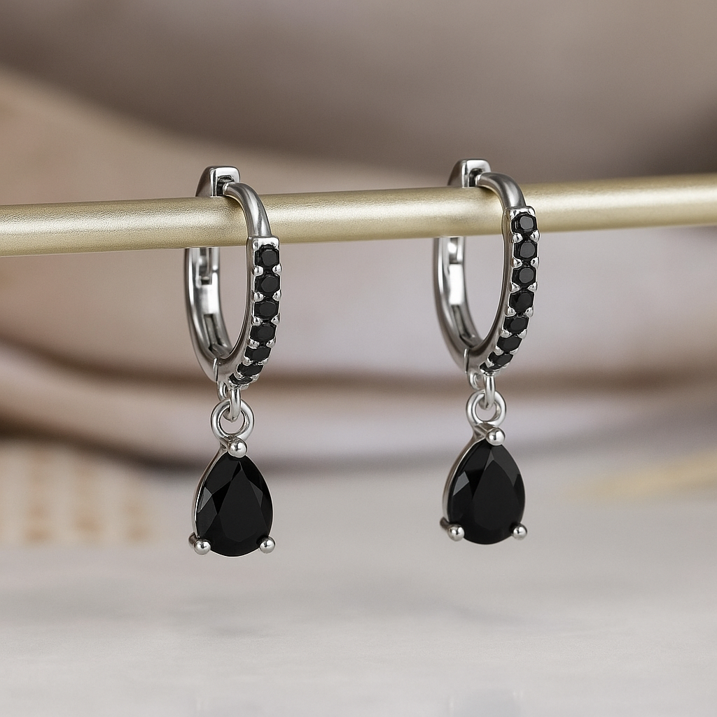 Black Lab Grown Diamond Hoop Earrings • 14K Yellow Gold Dangle Earrings