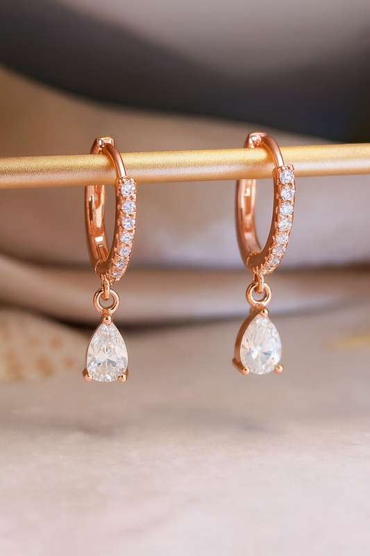 1.30Ct Pear Cut Lab Grown Diamond Hoop Earrings • 14K Rose Gold Dangle Earrings