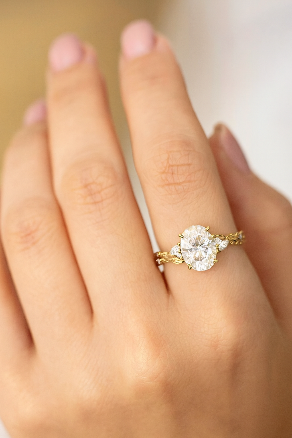 1.60ct Oval Lab Grown Diamond Engagement Ring, Leaf Art Deco Bridal Ring
