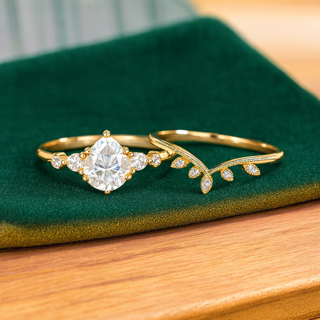 1.680ct Pear Shaped Lab Grown Diamond Engagement Ring Set • Rose Gold Vintage Bridal Set