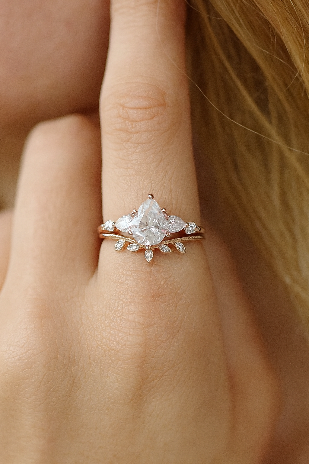 1.680ct Pear Shaped Lab Grown Diamond Engagement Ring Set • Rose Gold Vintage Bridal Set