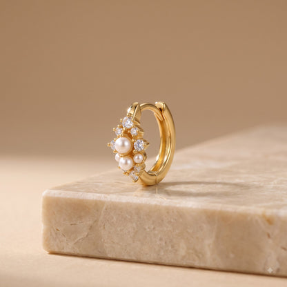 0.16 Ct Lab Grown Diamond Pearl Huggie Hoop Earrings | 14K Gold | Dainty Pearl Earrings