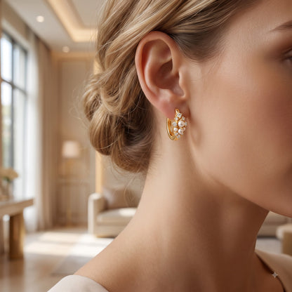 0.16 Ct Lab Grown Diamond Pearl Huggie Hoop Earrings | 14K Gold | Dainty Pearl Earrings