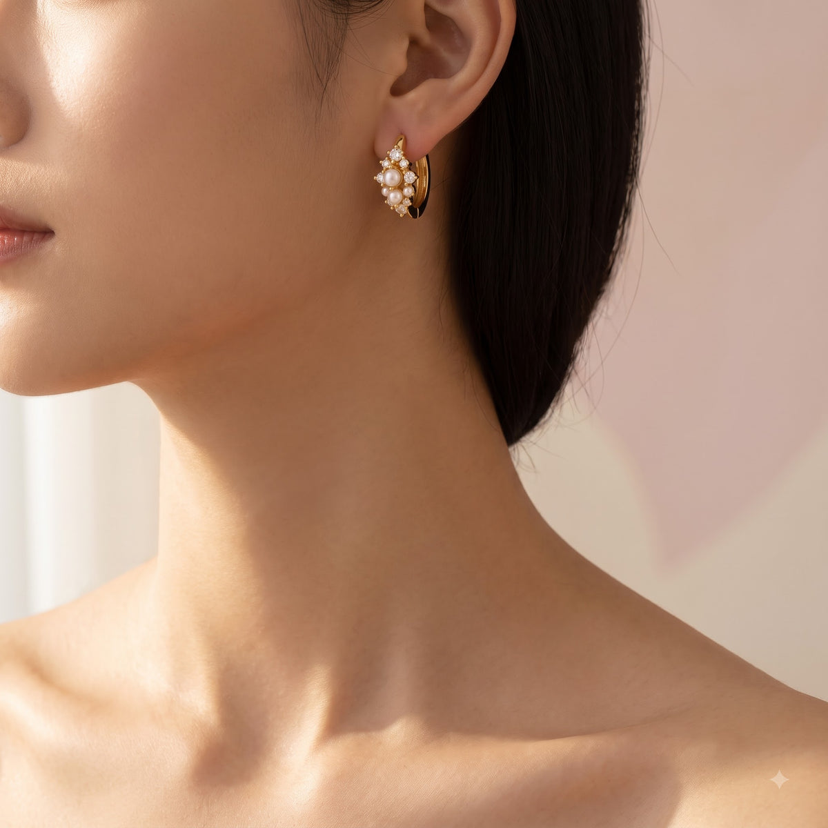 0.16 Ct Lab Grown Diamond Pearl Huggie Hoop Earrings | 14K Gold | Dainty Pearl Earrings