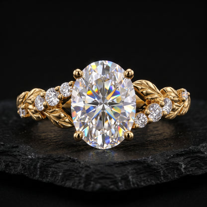 1.610ct Oval Cut Lab Grown Diamond Nature Inspired Leaf Engagement Ring