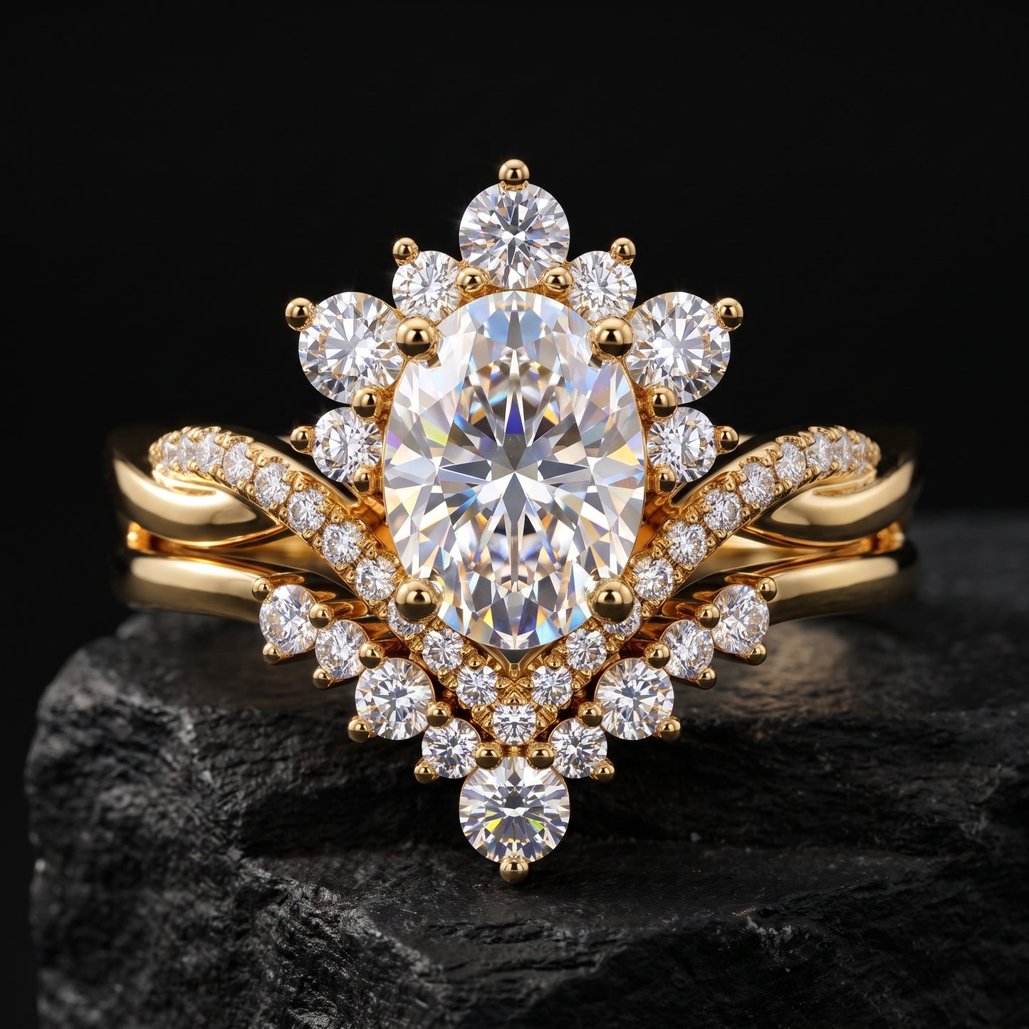 2.60ct Oval Cut Lab Grown Diamond Bridal Ring Set, Floral Halo Engagement Ring
