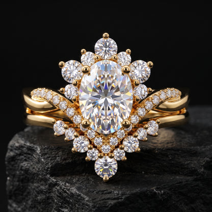 2.60ct Oval Cut Lab Grown Diamond Bridal Ring Set, Floral Halo Engagement Ring