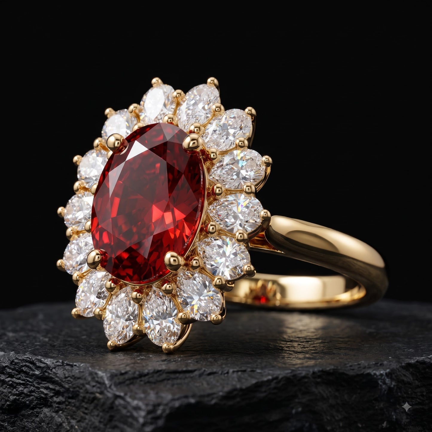 4.400CT Red Oval Cut Diamond Floral Halo Engagement Ring
