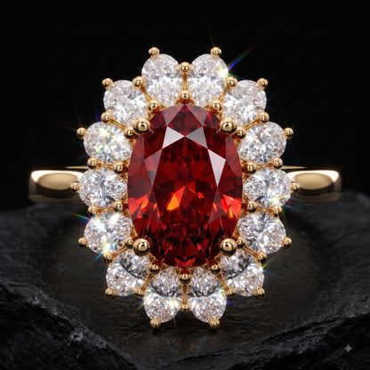 4.400CT Red Oval Cut Diamond Floral Halo Engagement Ring